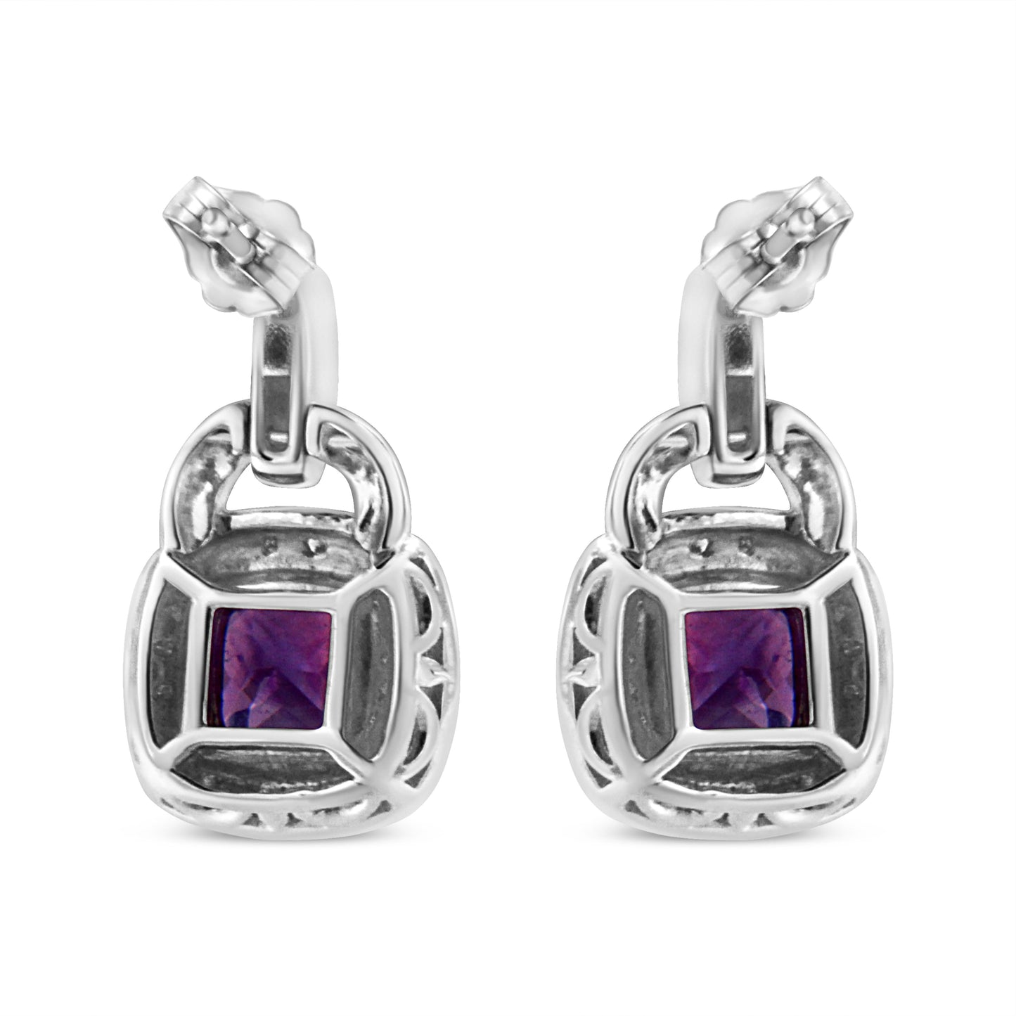 Earrings .925 sterling silver amethyst 8mm cushion with diamond halo and push-back clasps on Tampa Home & Garden Store