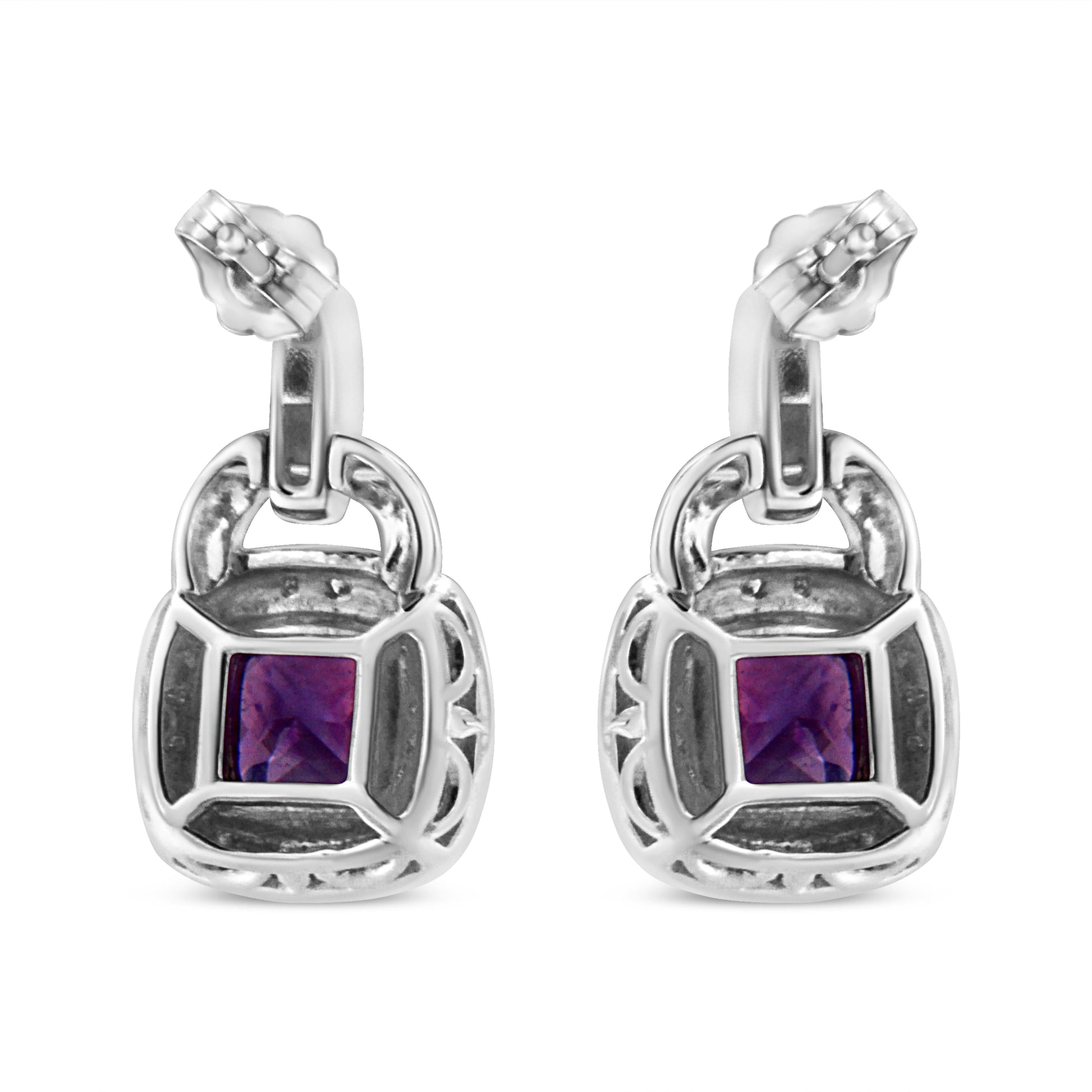 Earrings .925 sterling silver amethyst 8mm cushion with diamond halo and push-back clasps on Tampa Home & Garden Store