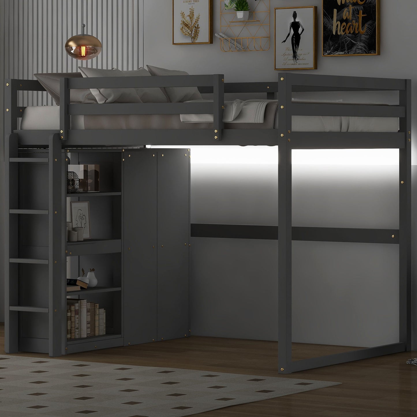Loft bed frame in dark gray with built-in wardrobe and open storage shelves, ladder on Tampa Home & Garden Store