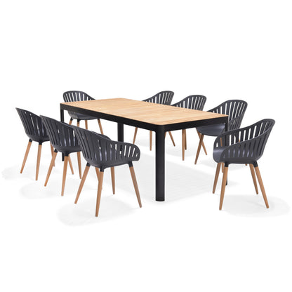 Portals dark rectangular teak table with 8 Nassau black dining chairs by LifestyleGarden US on Tampa Home & Garden Store