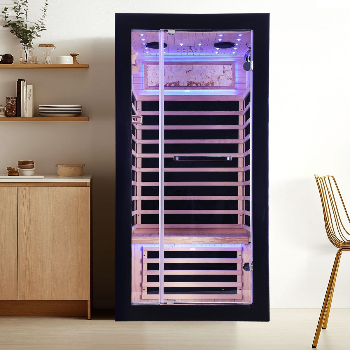 Single-person starlight sauna with carbon heating, American White Oak, black cabinet, purple LED on Tampa Home & Garden Store