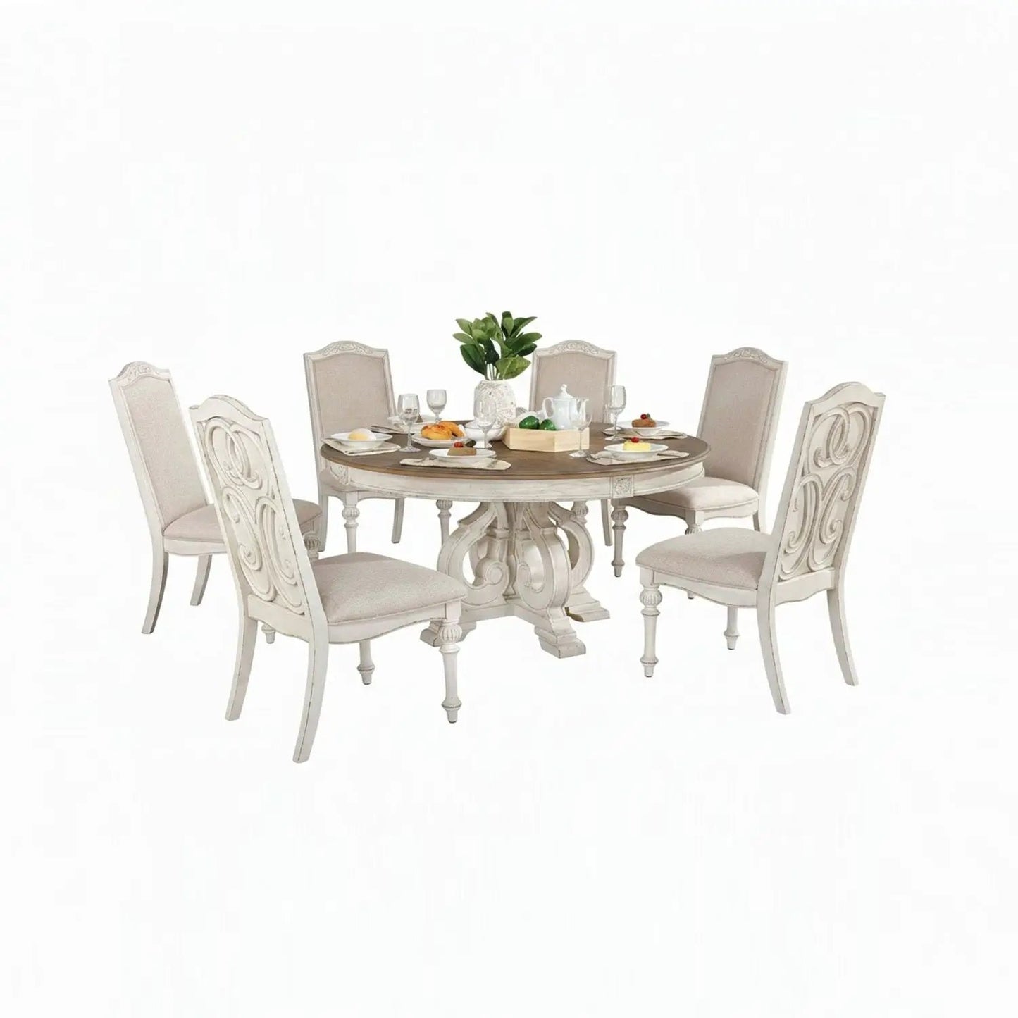Elegant Round Dining Set with carved table and six cream chairs by Unique Piece Furniture on Tampa Home & Garden Store