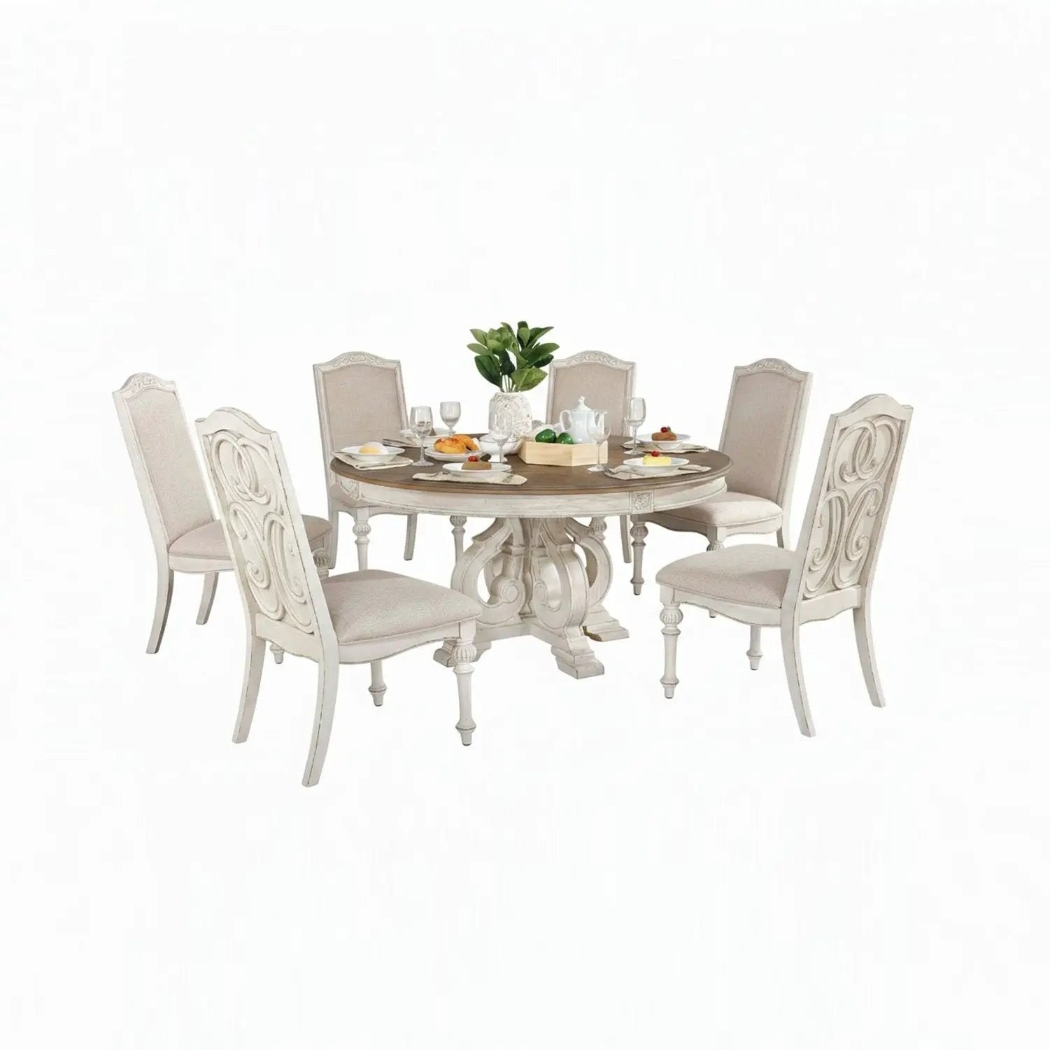 Elegant Round Dining Set with carved table and six cream chairs by Unique Piece Furniture on Tampa Home & Garden Store