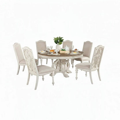 Elegant Round Dining Set with carved table and six cream chairs by Unique Piece Furniture on Tampa Home & Garden Store