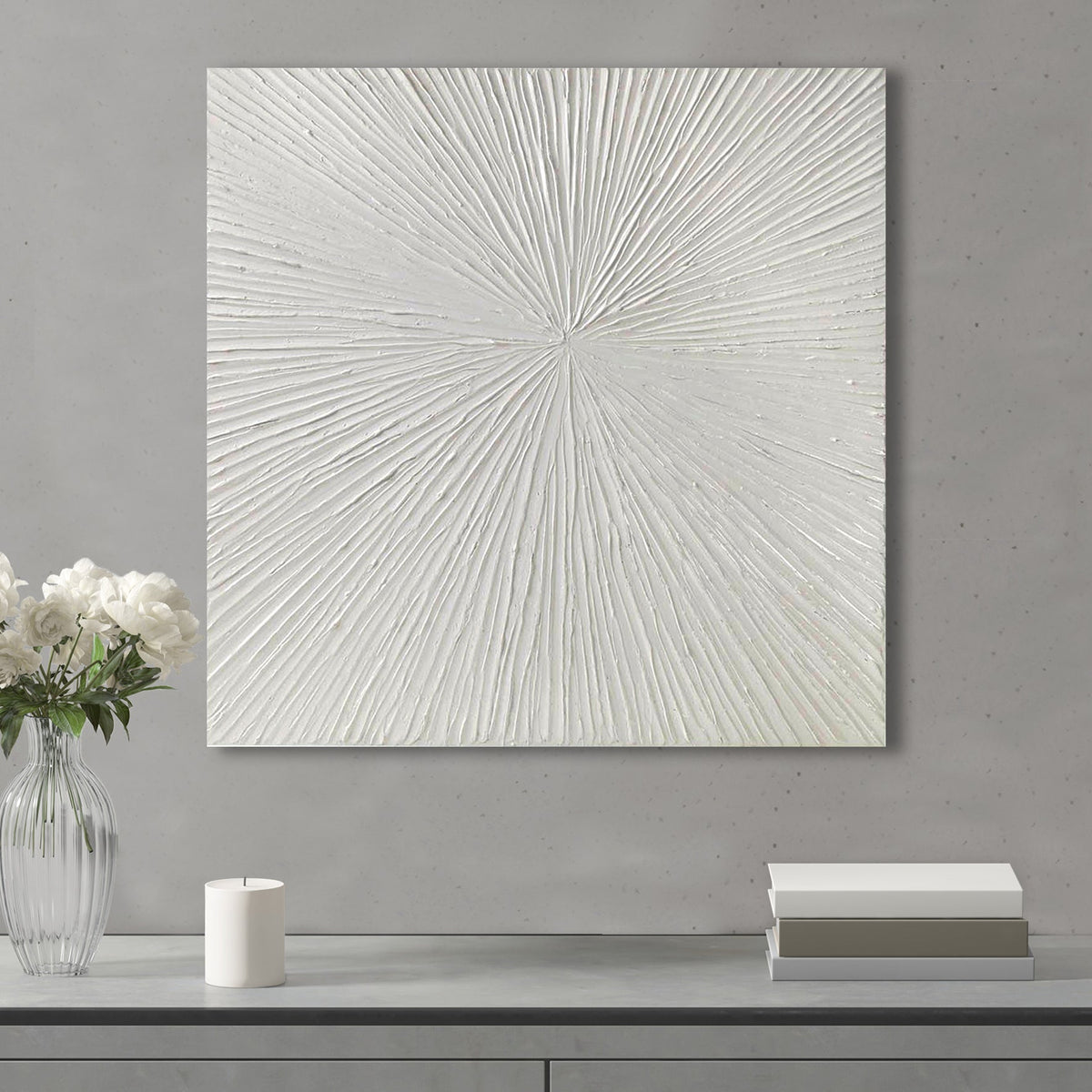 Luminous Burst Dimensional Resin Wall Art in White Gloss with radiating abstract design, square on Tampa Home & Garden Store