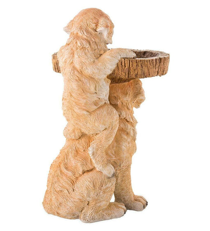 Raccoon resin garden ornament standing on hind legs, leaning on a wood-textured birdbath on Tampa Home & Garden Store