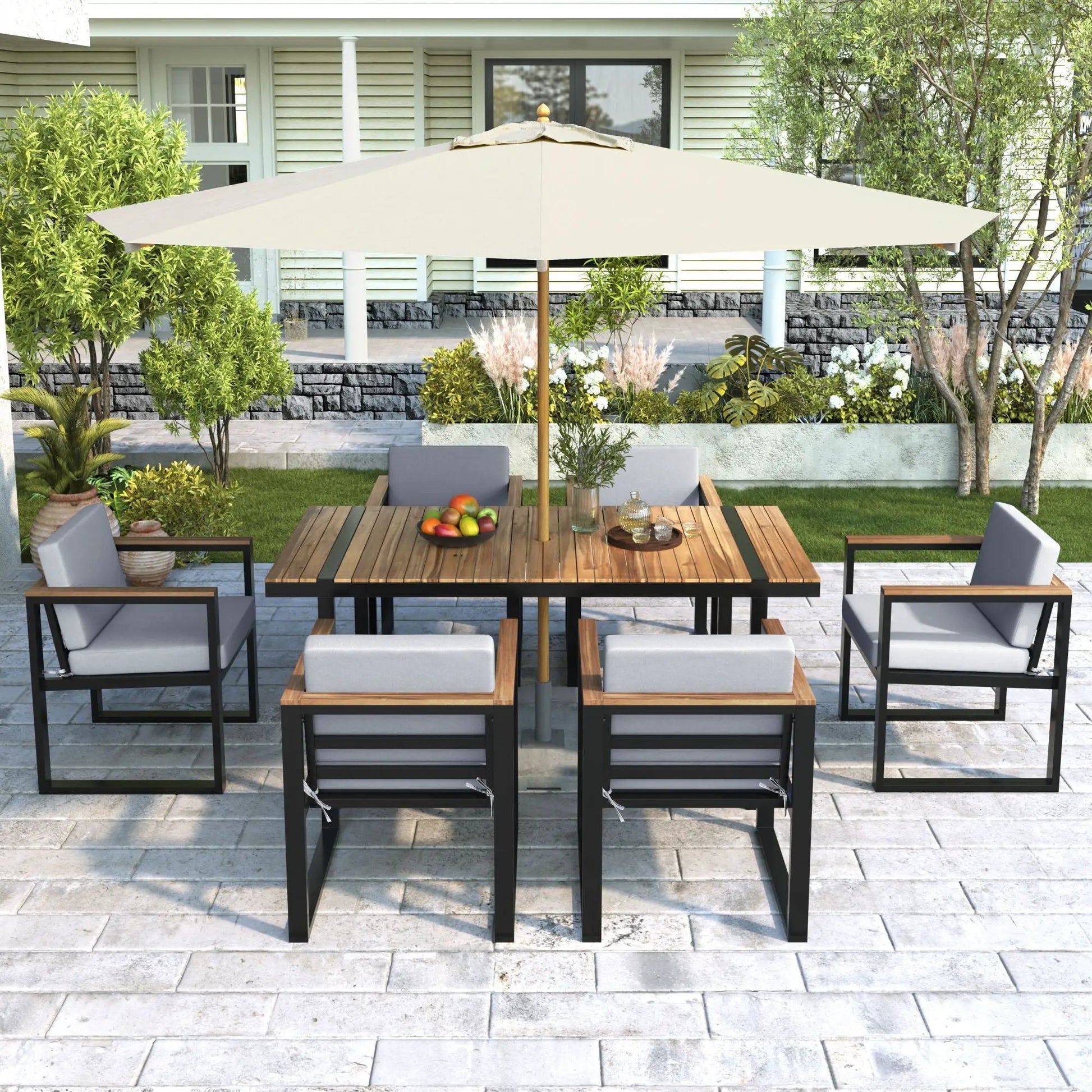 7-Piece outdoor dining set with table and removable gray cushions under beige umbrella on Tampa Home & Garden Store