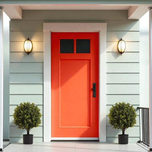 Artificial ball-topiary trees in pots, set of 2, green foliage flanking a bright orange door on Tampa Home & Garden Store