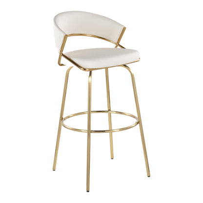 Contemporary swivel barstool set with white upholstered seat, round footrest, gold-tone frame on Tampa Home & Garden Store