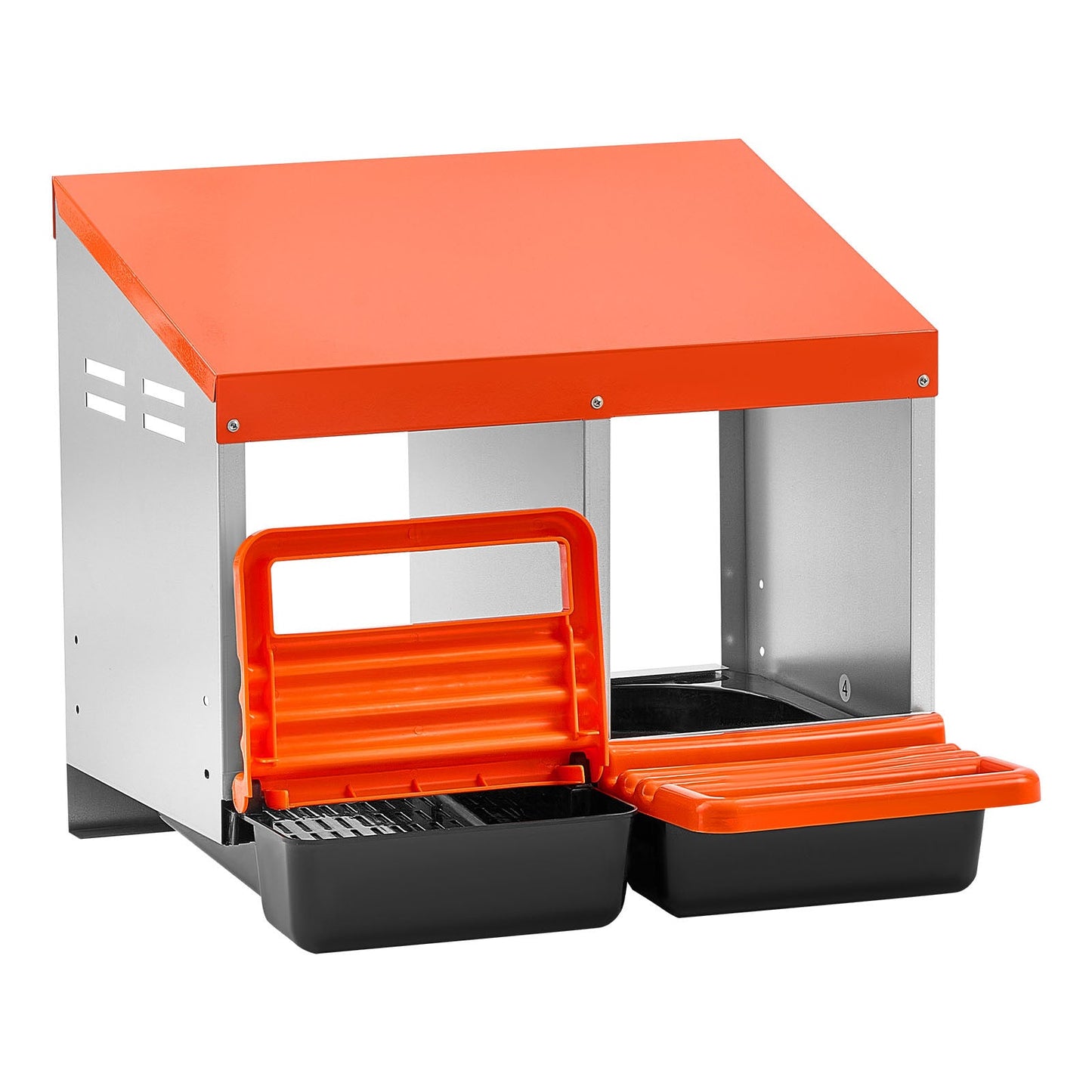 Chicken Nesting Boxes, 2 Compartments, orange front with egg trays on gray metal frame on Tampa Home & Garden Store