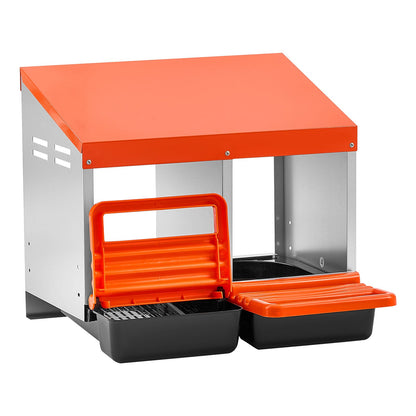 Chicken Nesting Boxes, 2 Compartments, orange front with egg trays on gray metal frame on Tampa Home & Garden Store