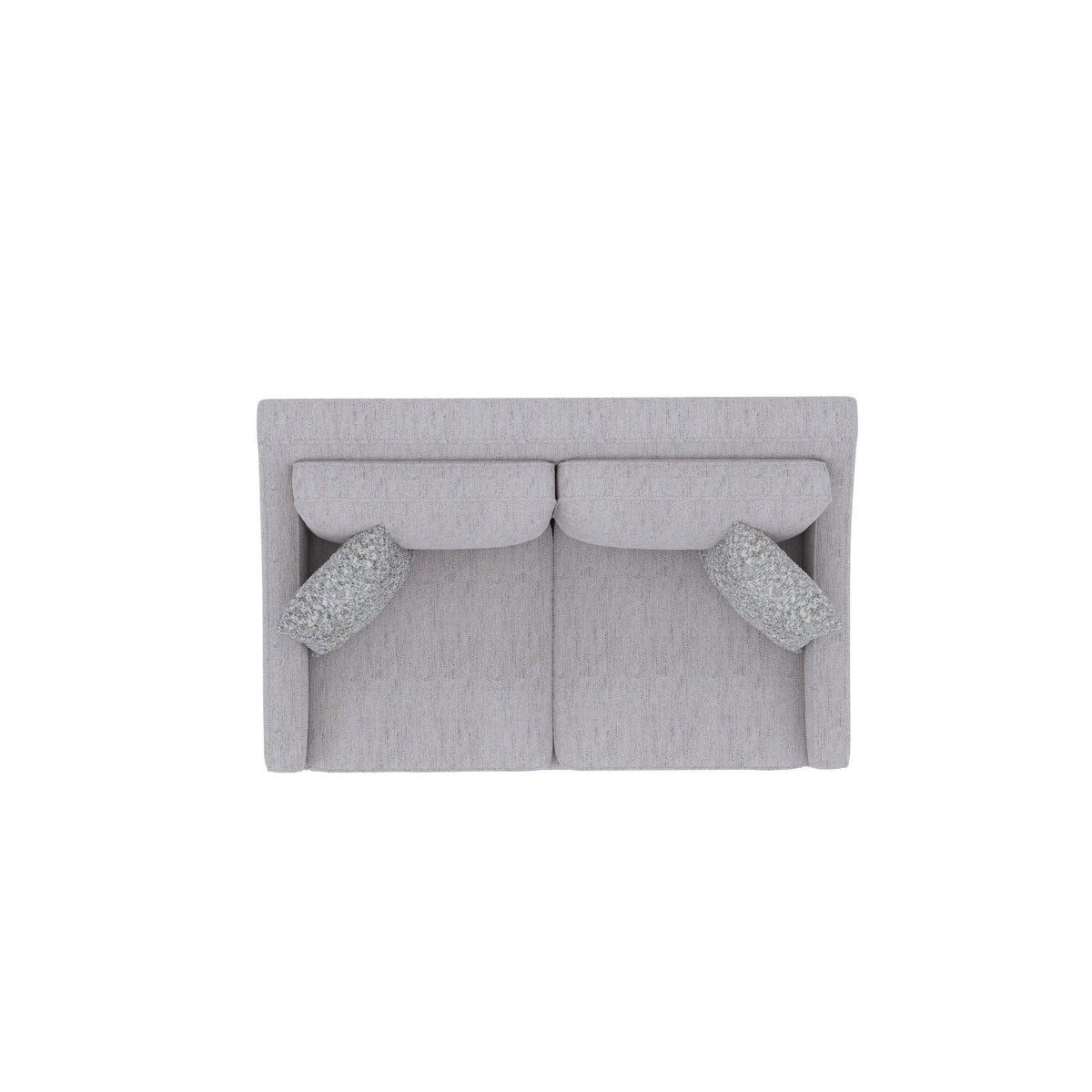 Stationary gray loveseat with textured fabric, two-seat cushions, and cozy knitted throws on Tampa Home & Garden Store