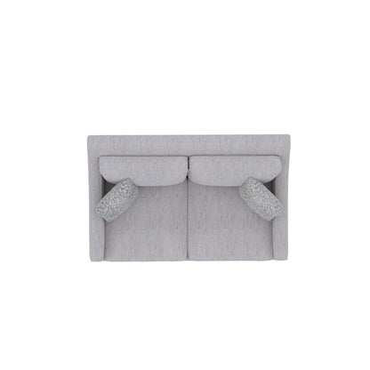 Stationary gray loveseat with textured fabric, two-seat cushions, and cozy knitted throws on Tampa Home & Garden Store