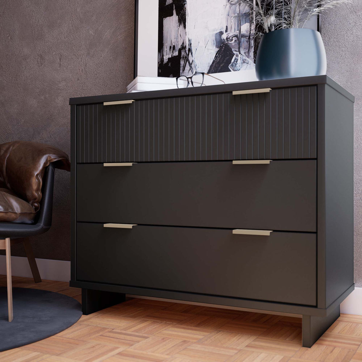 Solid wood 3-drawer dresser with ribbed fronts in dark charcoal, gold pulls HouseOfZazla on Tampa Home & Garden Store