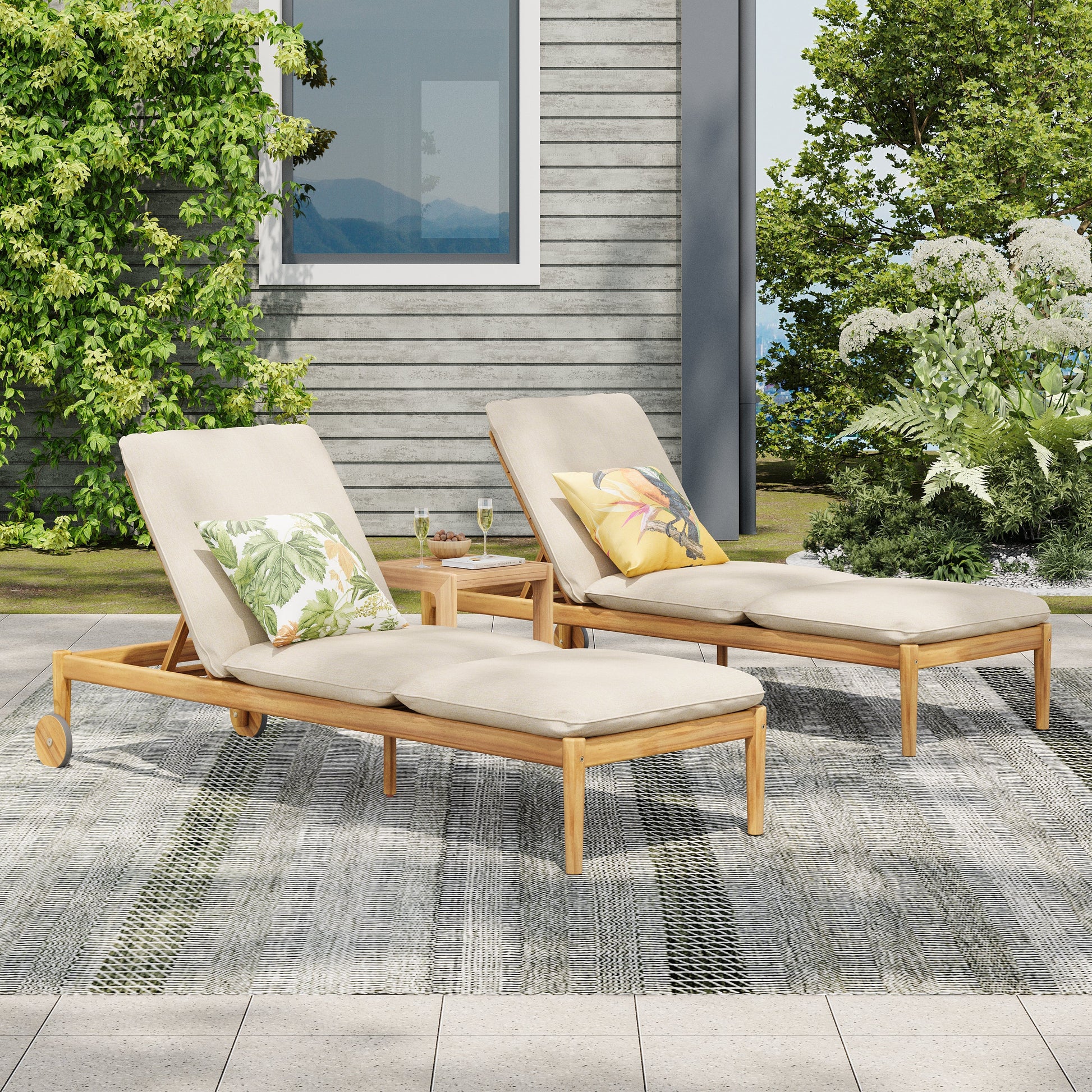 Riviera Outdoor Chaise Lounge set of 2, acacia wood frame, beige cushions on Tampa Home & Garden Store