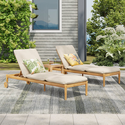 Riviera Outdoor Chaise Lounge set of 2, acacia wood frame, beige cushions on Tampa Home & Garden Store