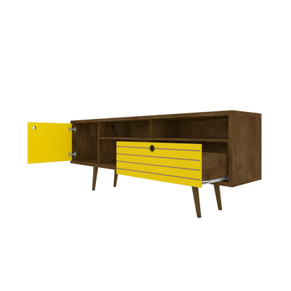 TV stand with wire management in brown wood, yellow door and four-drawer cabinet, mid-century legs on Tampa Home & Garden Store