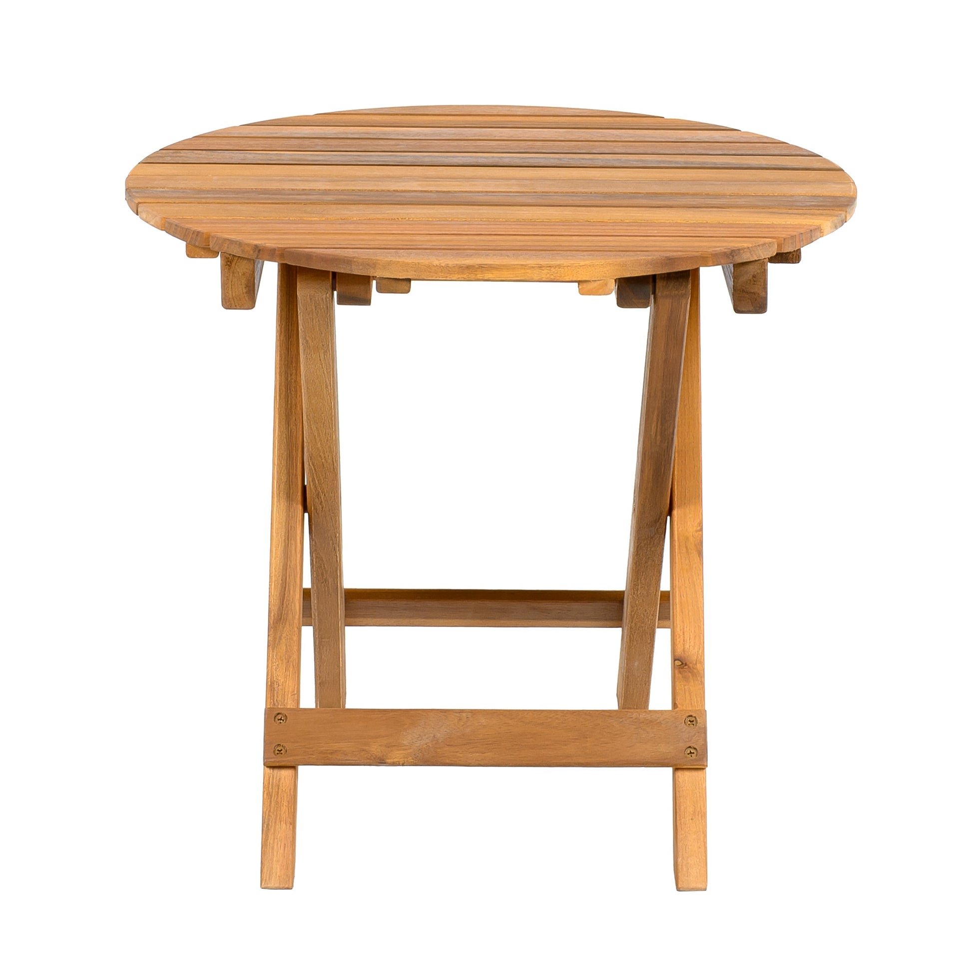 Round acacia wood patio table with slatted top in natural finish for outdoor use on Tampa Home & Garden Store