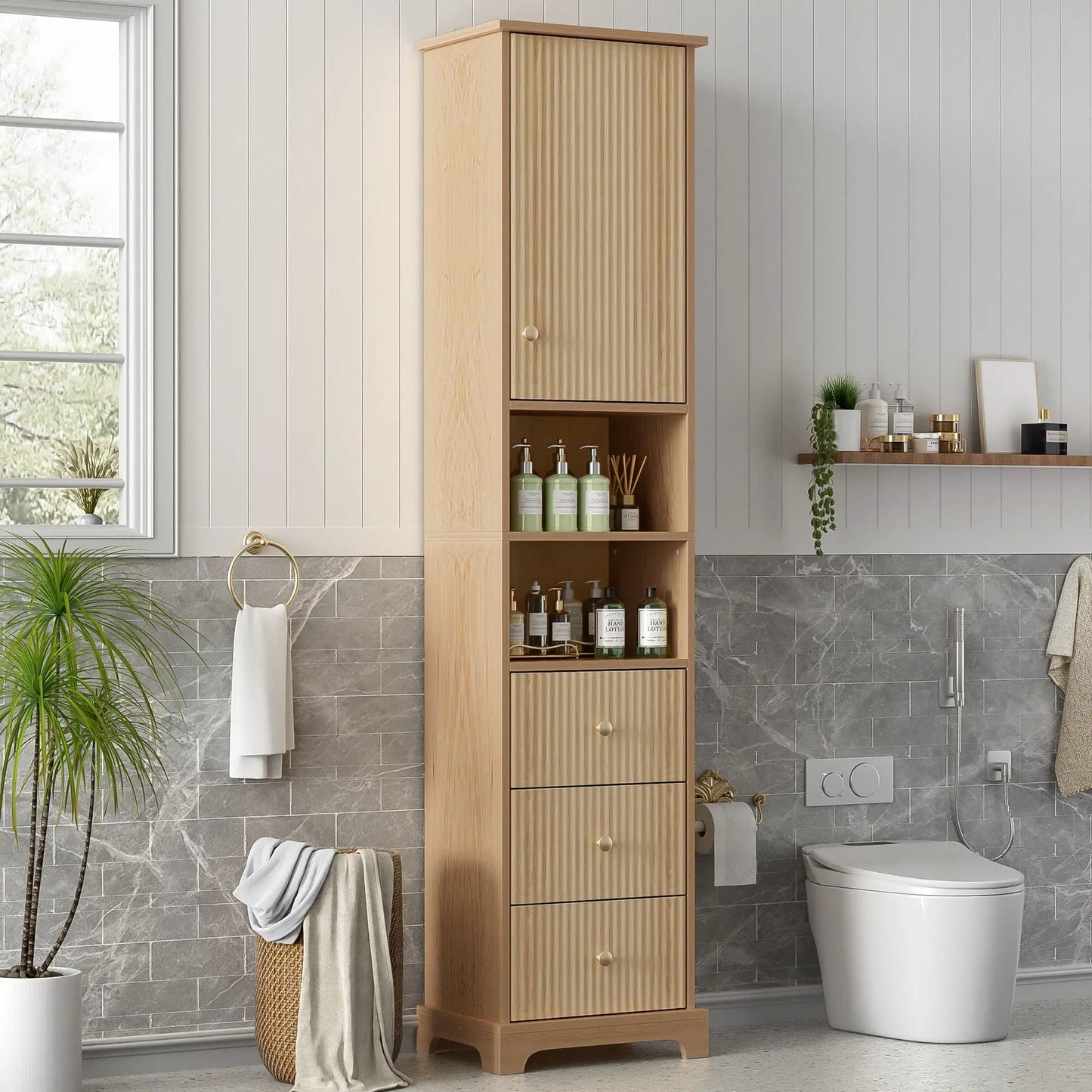 Tall Bathroom Cabinet With Door and Drawers Wood