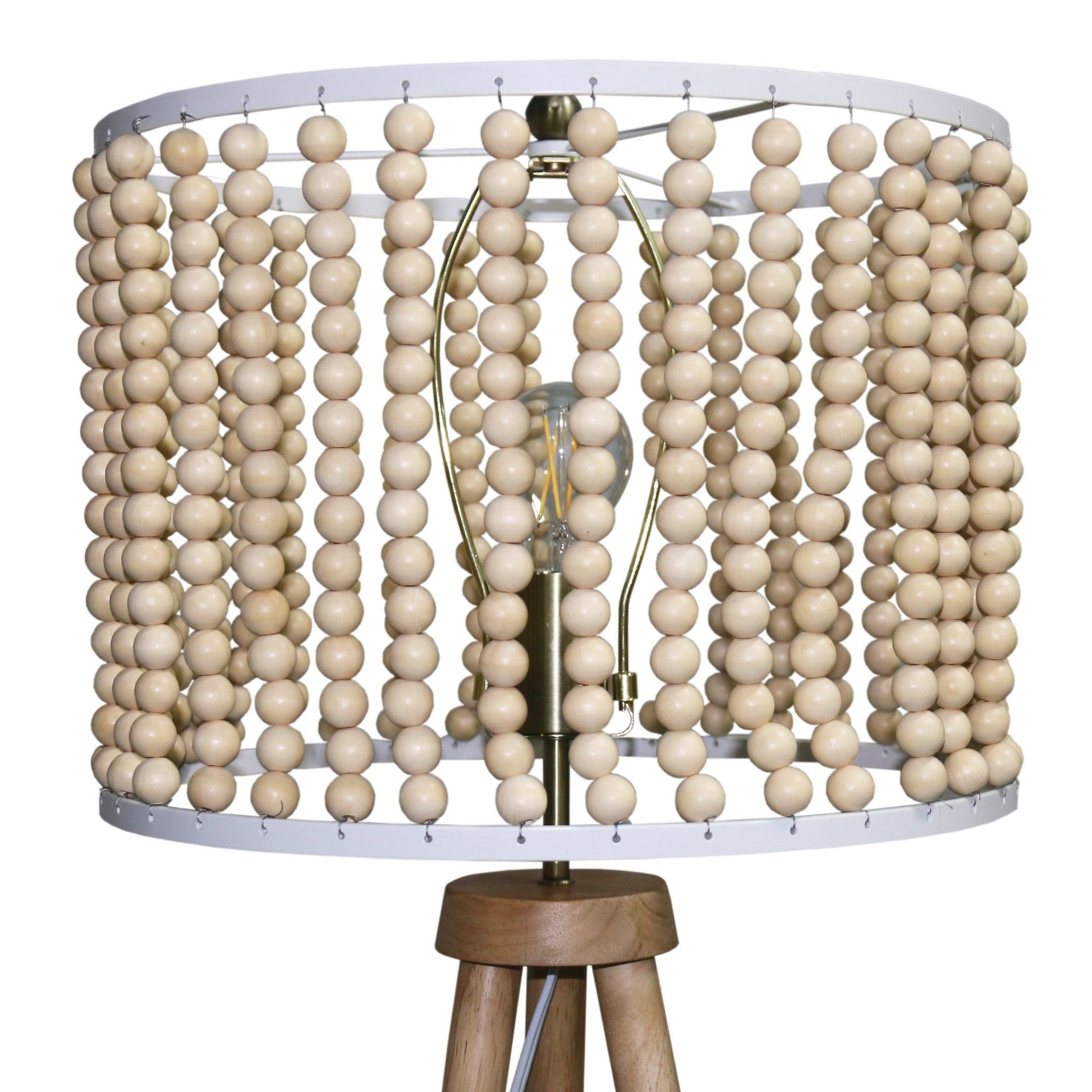 Brillo 3-legged floor lamp by HouseOfZazla with cream bead strands and wooden tripod base on Tampa Home & Garden Store