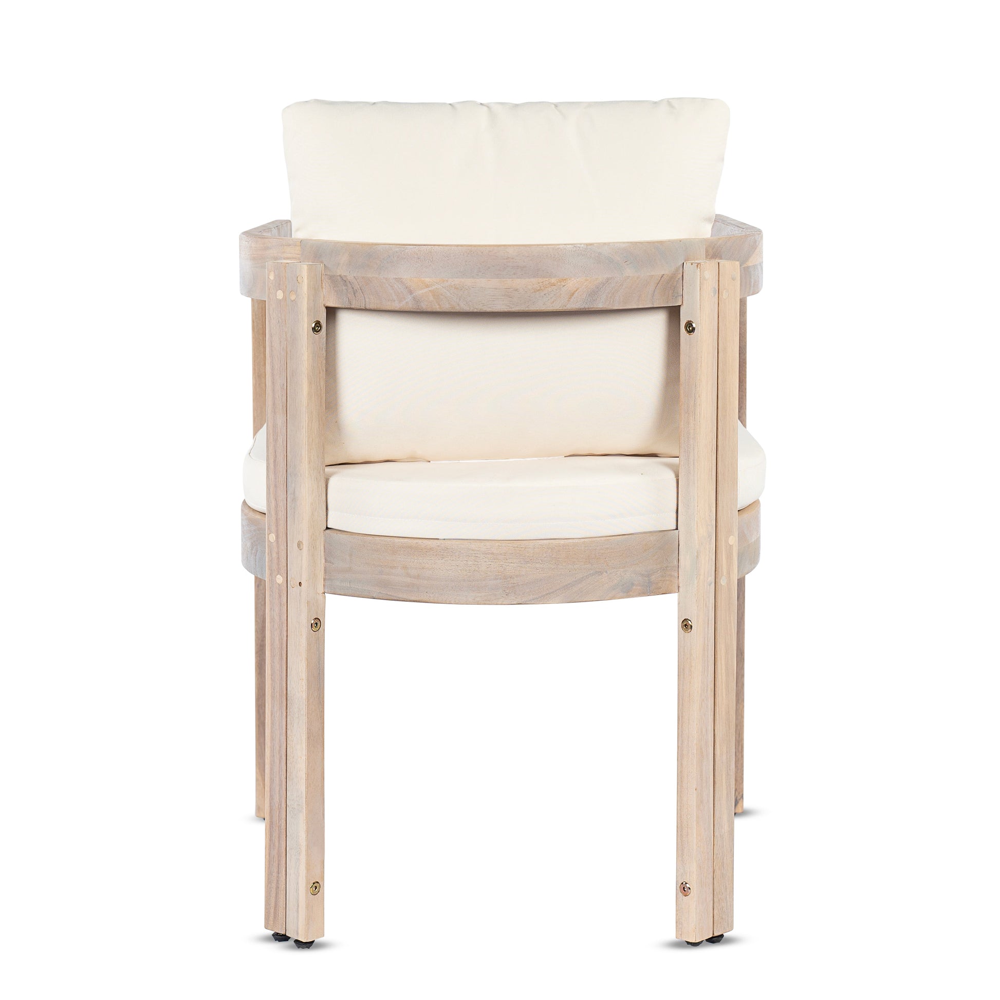 Acacia wood dining chair with cream cushions and natural wood frame for patio seating on Tampa Home & Garden Store