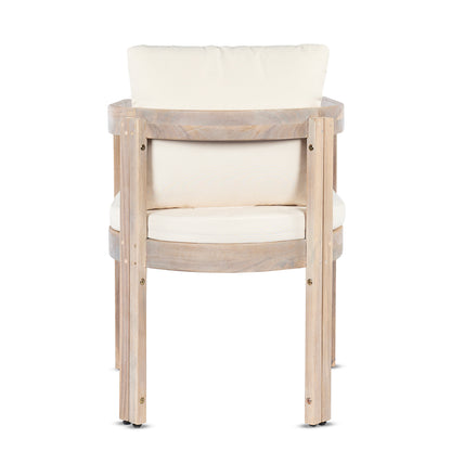 Acacia wood dining chair with cream cushions and natural wood frame for patio seating on Tampa Home & Garden Store