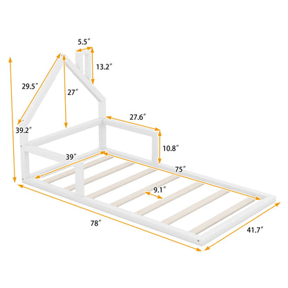Floor bed with house-shaped headboard in white wood, platform bed frame by HouseOfZazla on Tampa Home & Garden Store
