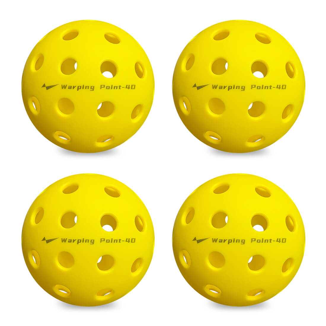 Warping Point Outdoor Practice Pickleballs, bright yellow perforated balls, four in view on Tampa Home & Garden Store