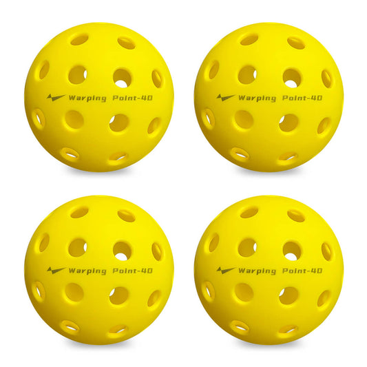 Warping Point Outdoor Practice Pickleballs, bright yellow perforated balls, four in view on Tampa Home & Garden Store