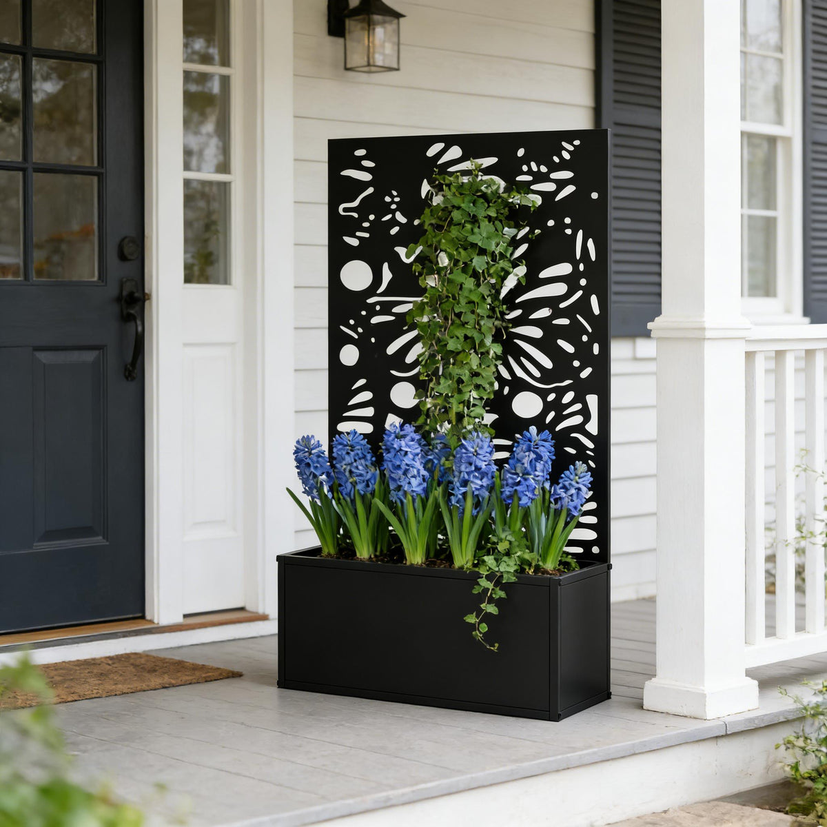Stylish Plant Bed planter with black panel, white cutouts, ivy and blue delphiniums on Tampa Home & Garden Store