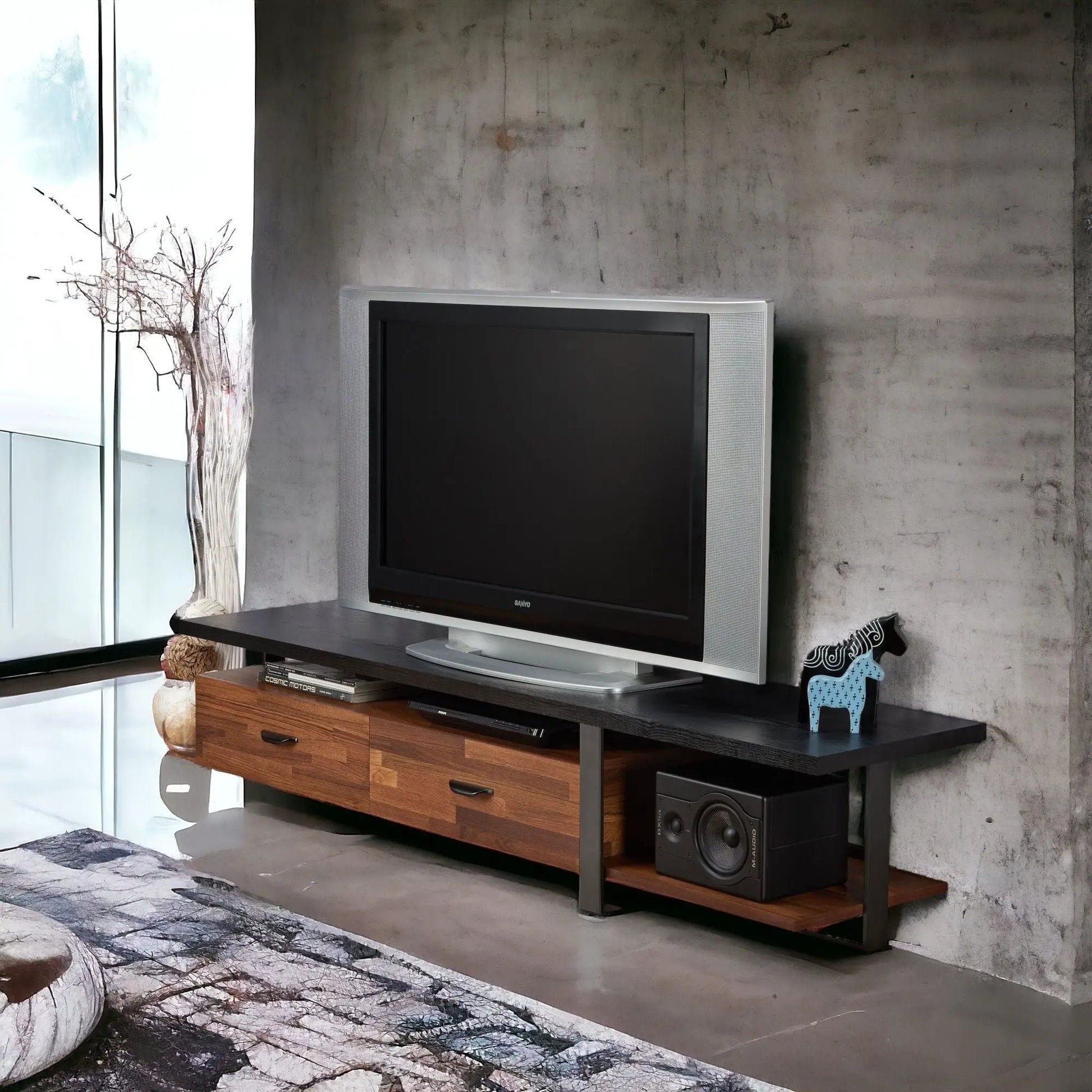 Elling TV Stand walnut and black by Unique Piece Furniture with two drawers on Tampa Home & Garden Store