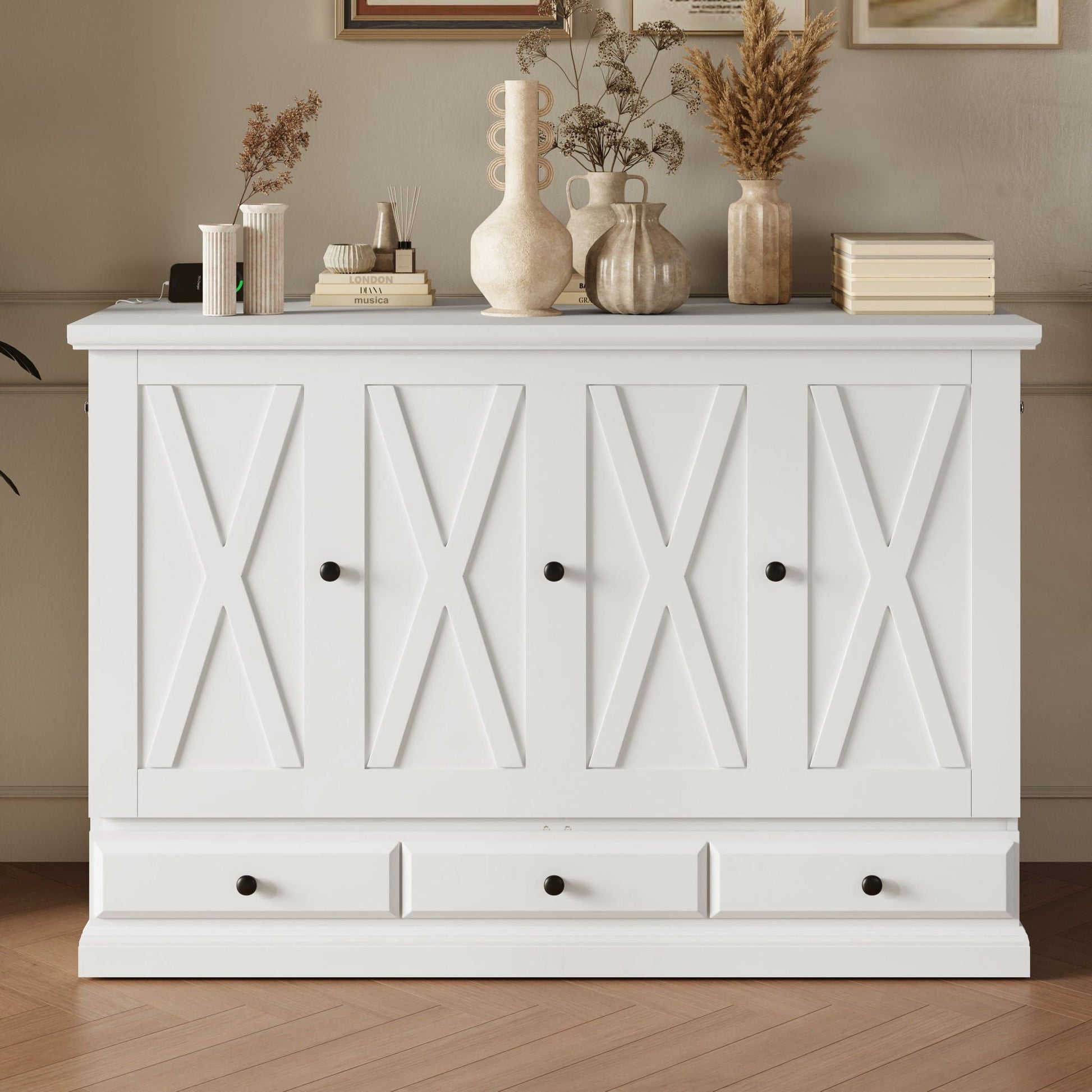 Solid pine Murphy bed chest cube cabinet with diamond panel doors and charging station on Tampa Home & Garden Store