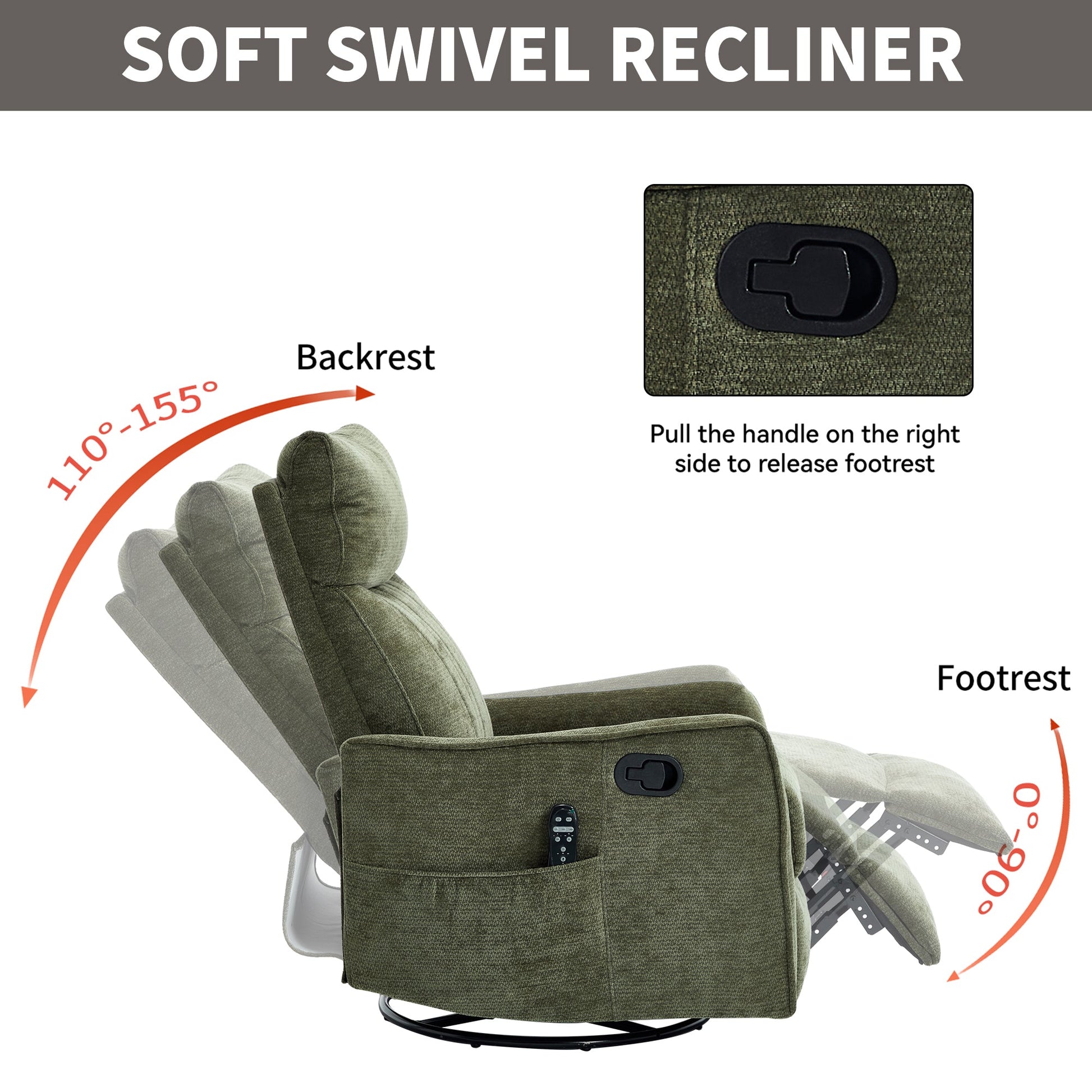 Green Heat Massage Manual Recliner Chair olive-green fabric with side lever and footrest on Tampa Home & Garden Store