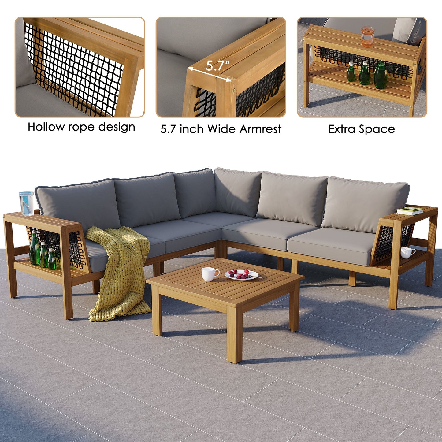 4-Piece Outdoor Acacia Wood Sofa Set with Coffee Table, gray cushions, rope back panels on Tampa Home & Garden Store