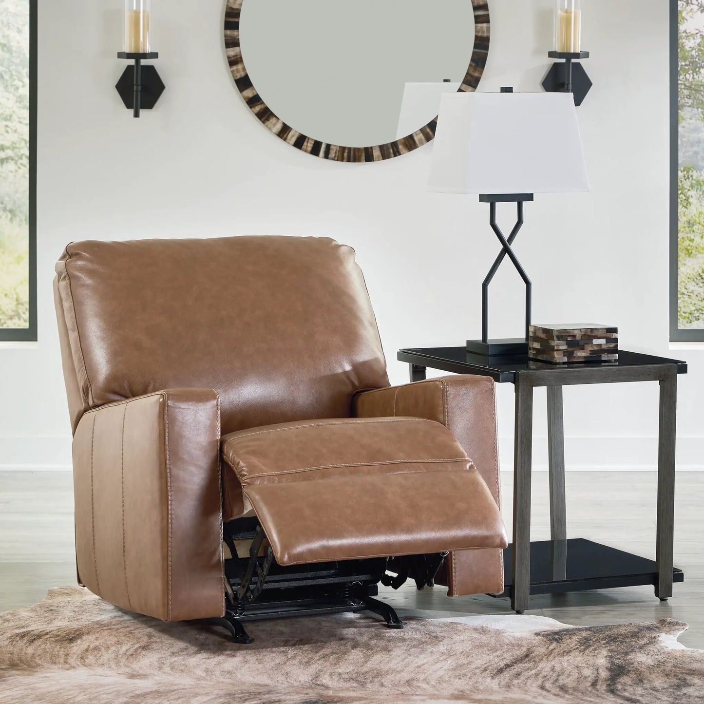Bolsena Rocker Recliner in brown leather by Unique Piece Furniture with extended footrest on Tampa Home & Garden Store