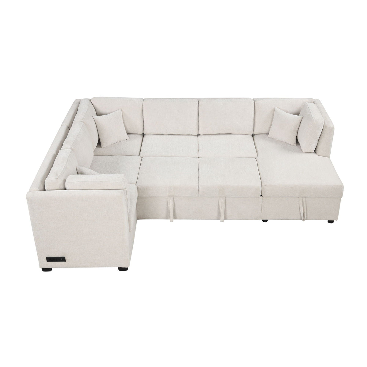 HouseOfZazla U-Shaped Sleeper Sectional in beige fabric with storage chaise, three back pillows, and USB ports on Tampa Home & Garden Store