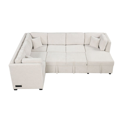 HouseOfZazla U-Shaped Sleeper Sectional in beige fabric with storage chaise, three back pillows, and USB ports on Tampa Home & Garden Store