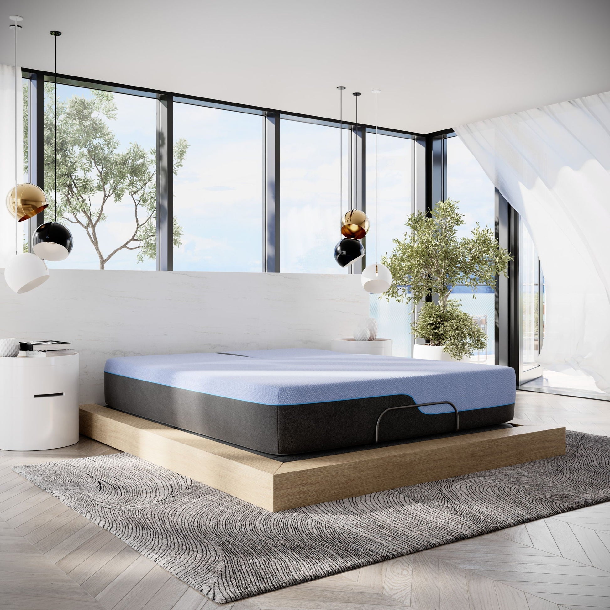 HouseOfZazla 12\" Refresh Flex Head Hybrid Latex Foam & Coil Mattress on blue platform bed on Tampa Home & Garden Store