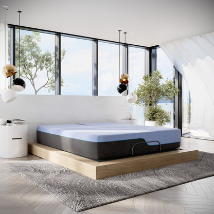 HouseOfZazla 12\" Refresh Flex Head Hybrid Latex Foam & Coil Mattress on blue platform bed on Tampa Home & Garden Store