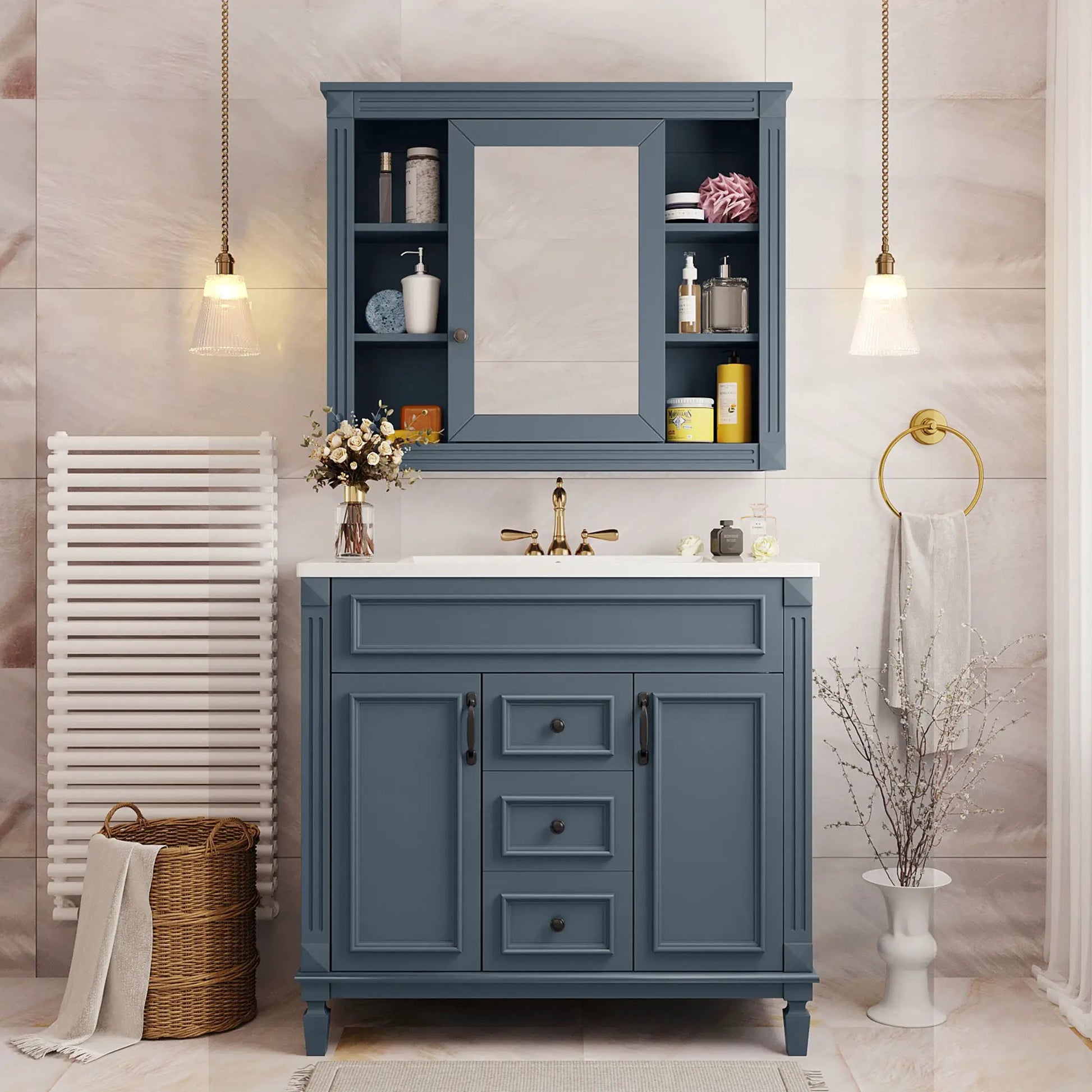 Bathroom vanity with top sink and mirror cabinet, blue finish, 2 doors and 2 drawers on Tampa Home & Garden Store