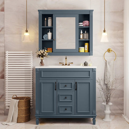 Bathroom vanity with top sink and mirror cabinet, blue finish, 2 doors and 2 drawers on Tampa Home & Garden Store