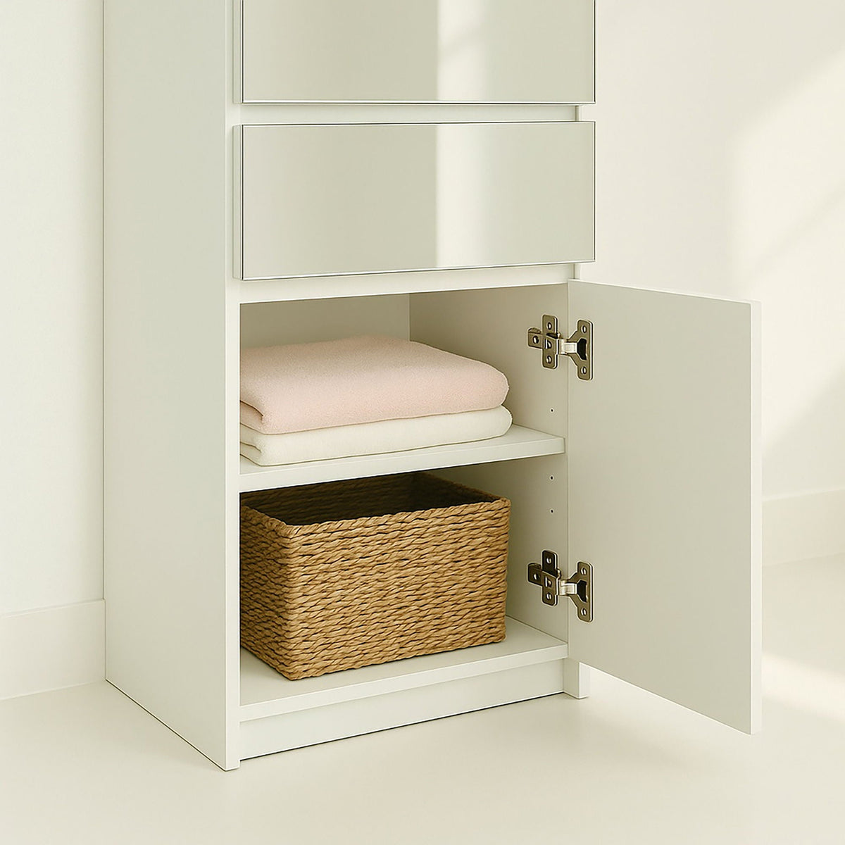 Slim Modular Closet Cabinet with Mirror - White by HouseOfZazla triple wardrobe with basket on Tampa Home & Garden Store