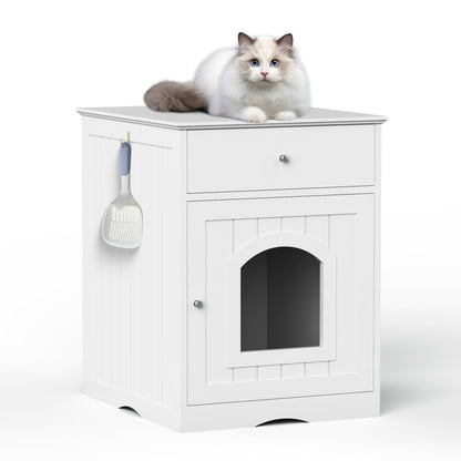 Pet House Cat Litter Box Enclosure With Drawer Side Table in white wood, cat on top on Tampa Home & Garden Store