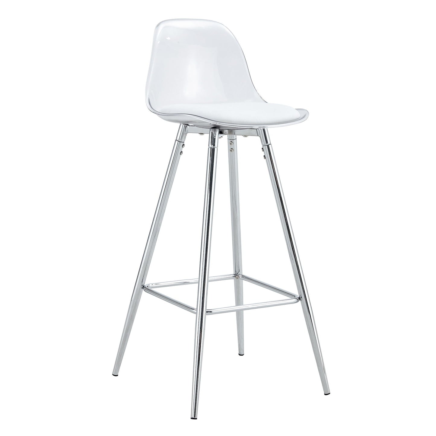 Stylish upholstered bar stool with clear acrylic seat and white cushion, chrome metal legs on Tampa Home & Garden Store