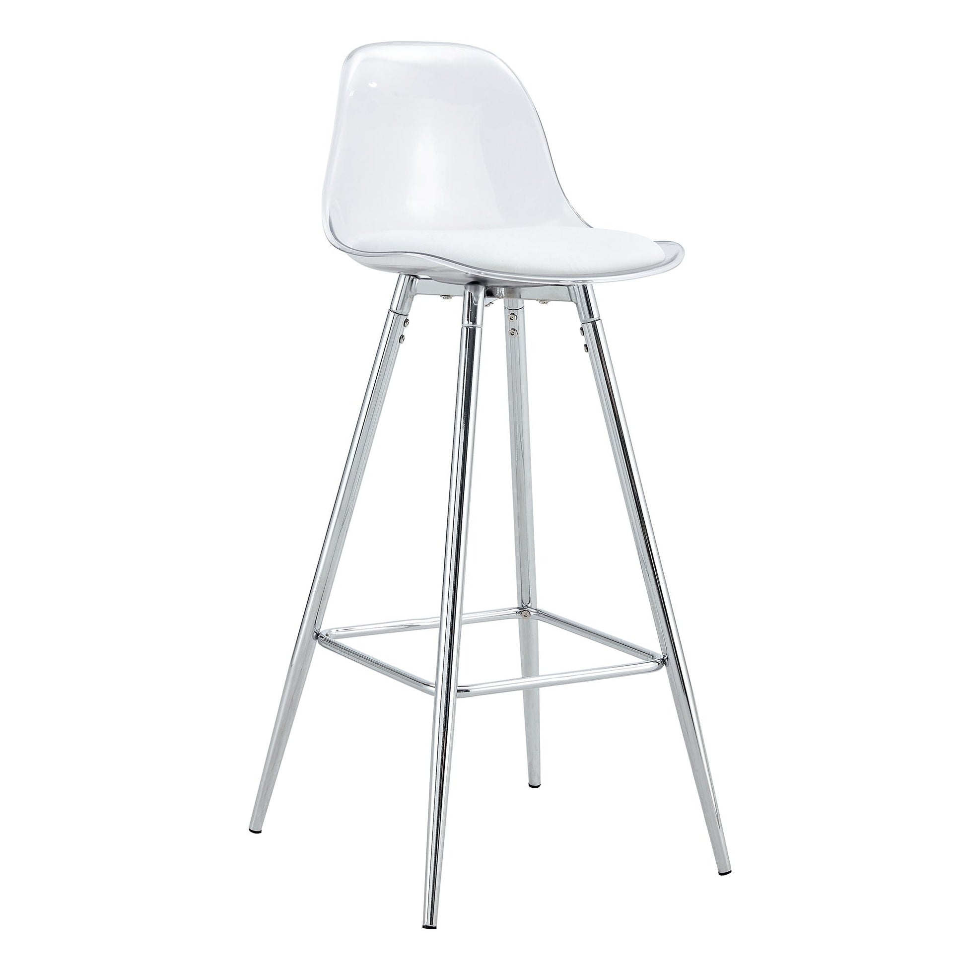 Stylish upholstered bar stool with clear acrylic seat and white cushion, chrome metal legs on Tampa Home & Garden Store