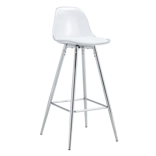 Stylish upholstered bar stool with clear acrylic seat and white cushion, chrome metal legs on Tampa Home & Garden Store