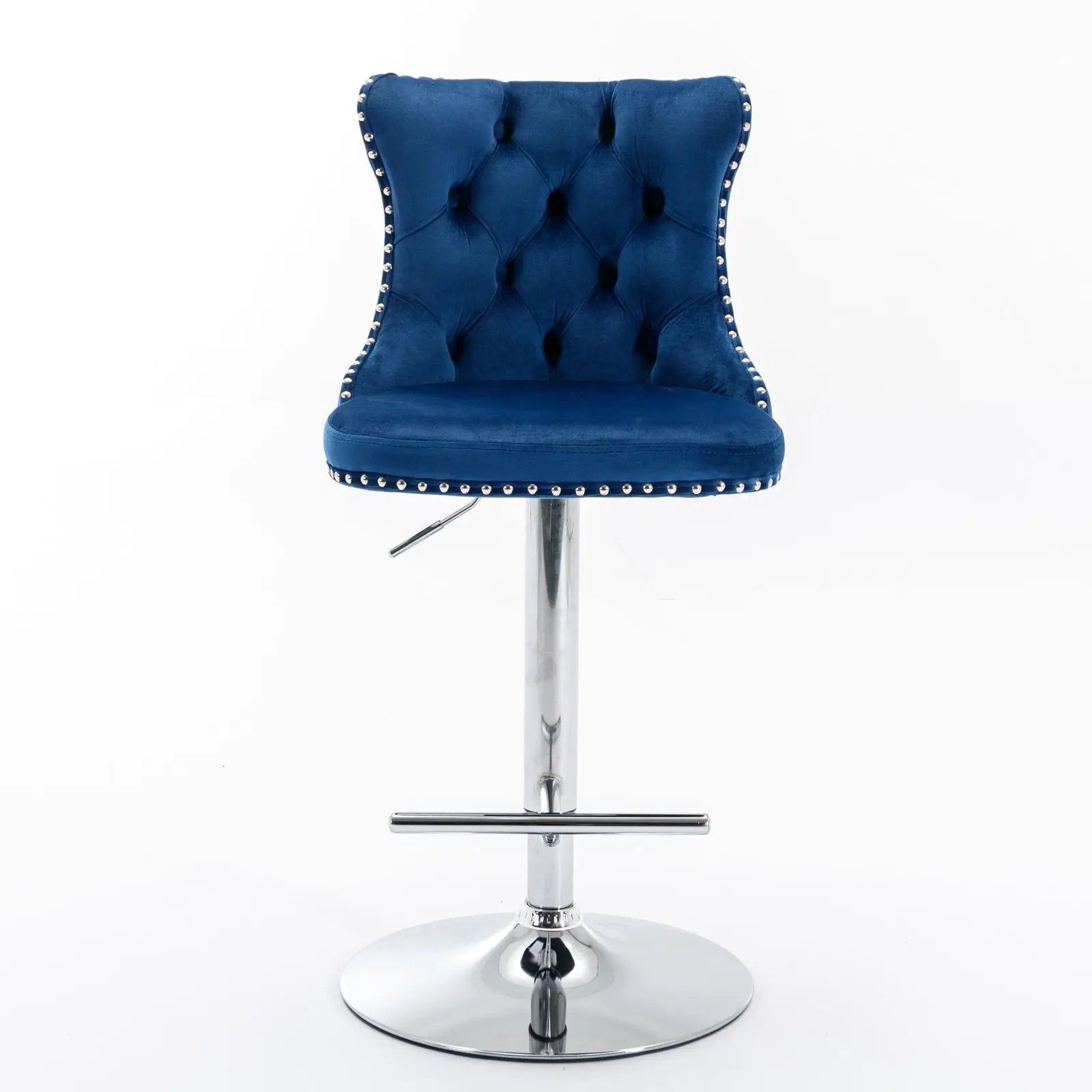 Blue tufted swivel barstool with adjustable height, chrome pedestal base, studded trim on Tampa Home & Garden Store