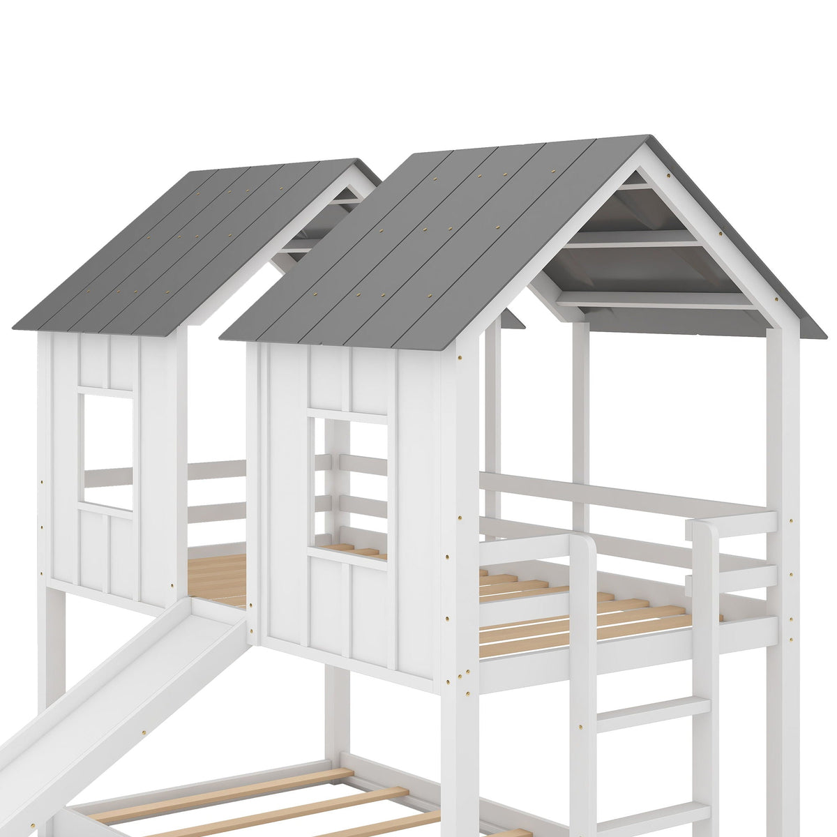Twin over twin house bunk bed with slide and windows in white and gray by HouseOfZazla on Tampa Home & Garden Store