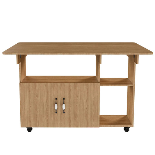Folding island table with shelves and wheels in natural wood by Unique Piece Furniture on Tampa Home & Garden Store