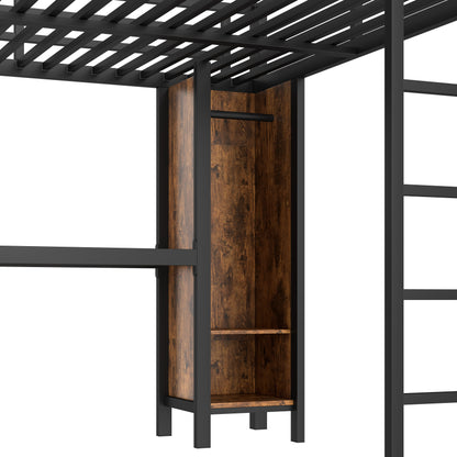 Metal loft bed with wardrobe and L-shaped desk in black metal frame with brown wood panel on Tampa Home & Garden Store